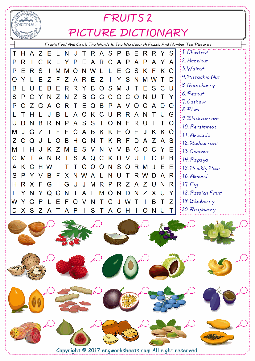  ESL wordsearch worksheets for kids, find Fruits words in the word wordsearch write its number on its picture English worksheet. 